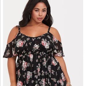 Torrid BLACK FLORAL COLD SHOULDER CHIFFON MAXI DRESS 1X